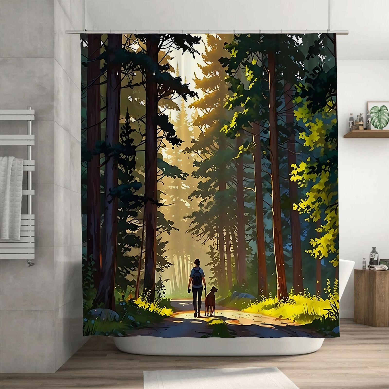 Dunika Chen Forest Trail Shower Curtain Nature Walk Scene With Person Dog Sunlight Through Trees Bathroom Decor Waterproof Durable