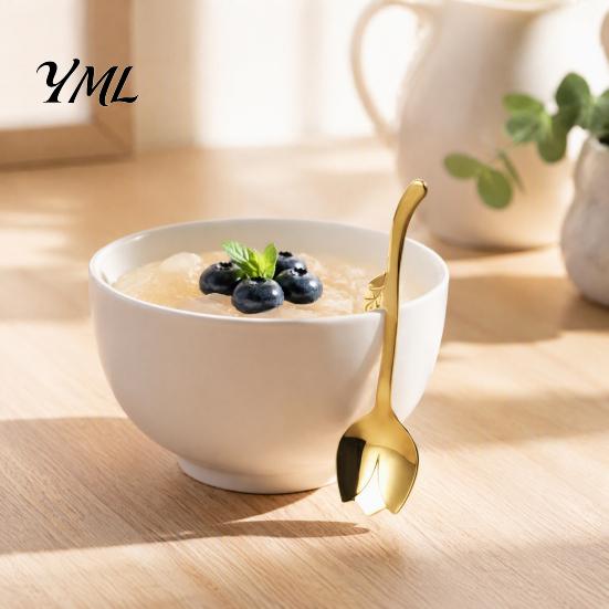 Glossy Metal Cutlery Tulip Shaped Stainless Steel Spoon, Long Handle Coffee Ice Cream 304 Spoon Dessert Serving with Hanging Hook, Kitchen Flatware