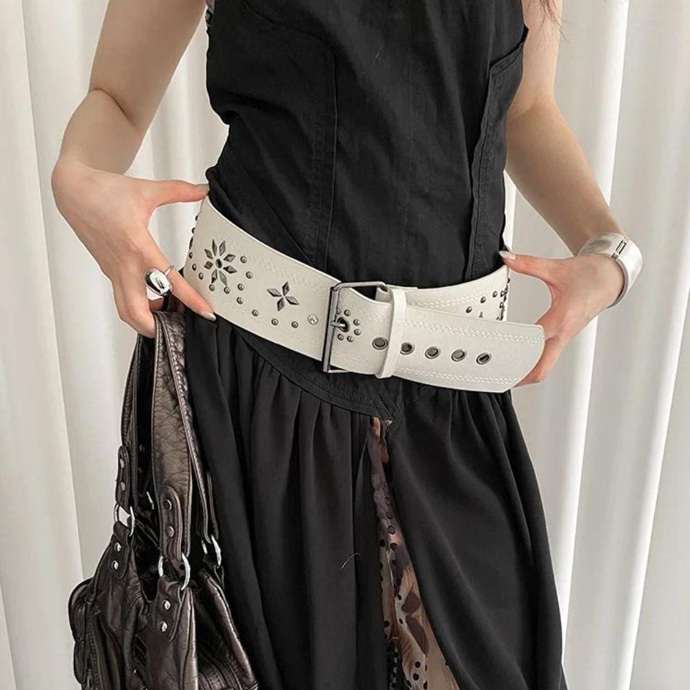 Vintage Leather Waist Belt Y2k Dress Jeans Belt Retro Women's Rivet Belt  Waist-Cinching