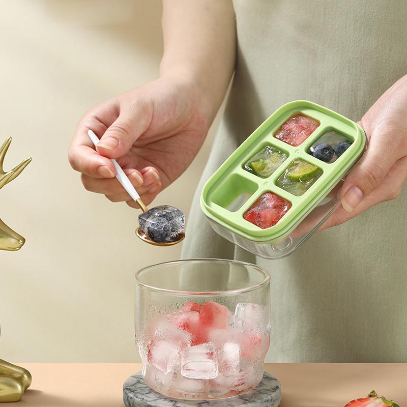 New Ice Storage Compartment with Mini Silicone Square Mould and Lid, Easy Release 6 Cube Ice Tray