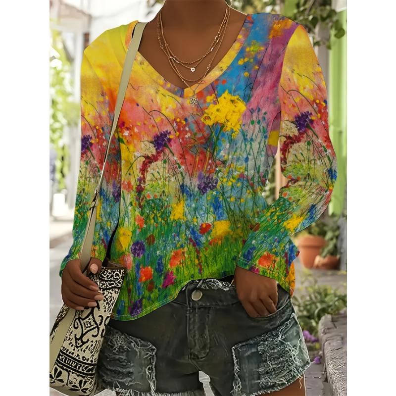 Women's Fashion Print Casual V-Neck Long-Sleeve T-Shirt Loose-Fit Casual Top Slimming V-Neck Top