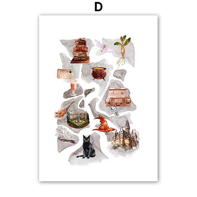 Постер в винтажном стиле H-Hogwarts, вдохновленный волшебником, сова, волшебная школа, замок, поезд, холст, настенное искусство для детской, декор для дома