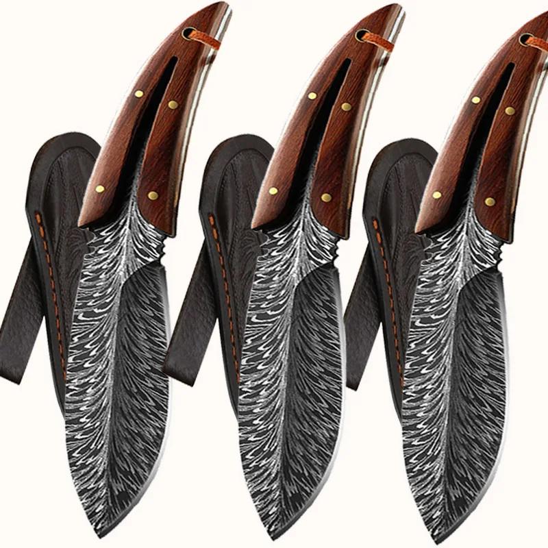 Kitchen Knife Butcher Boning Knife Feather Pattern Knife With Sheath Portable Stainless Steel Fruit Knives with Wooden Handle