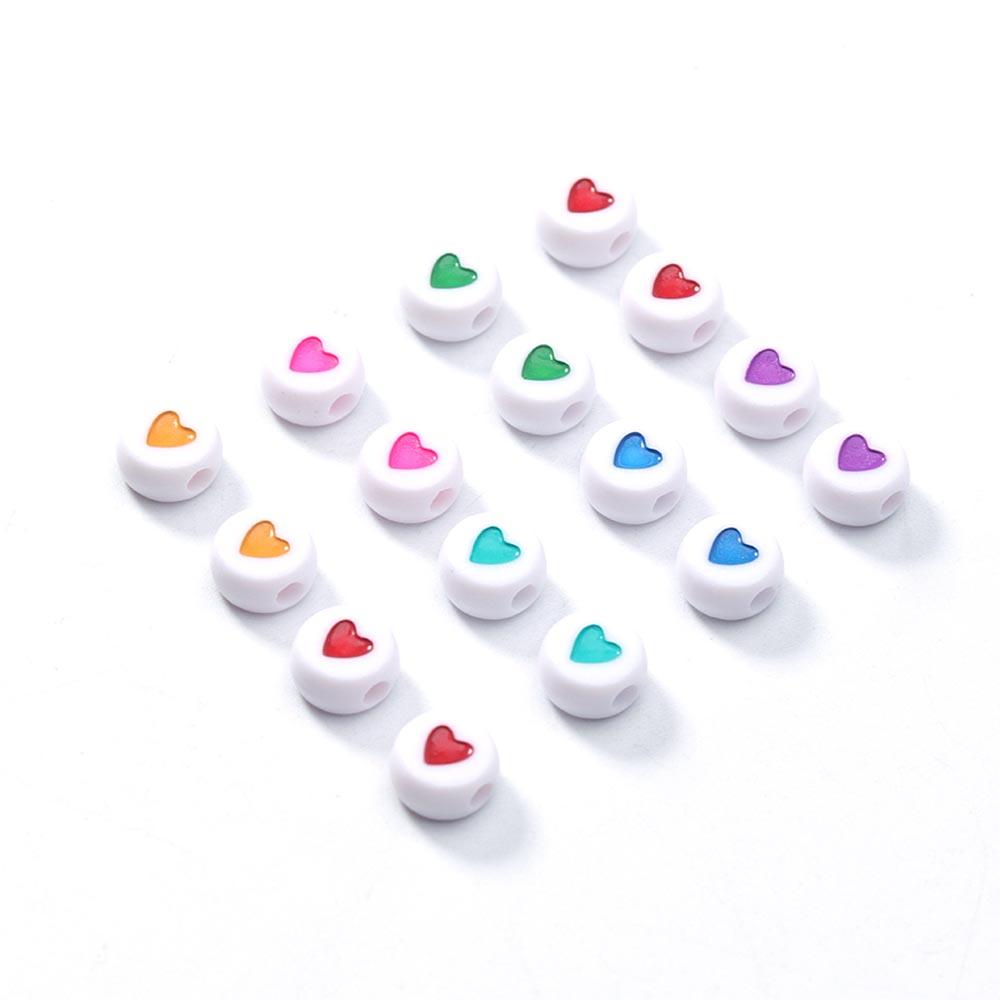 100Pcs 7mm Acrylic Flat Round Beads Colorful Heart Pattern Loose Spacer Beads For DIY Bracelets Earrings Making Supplies