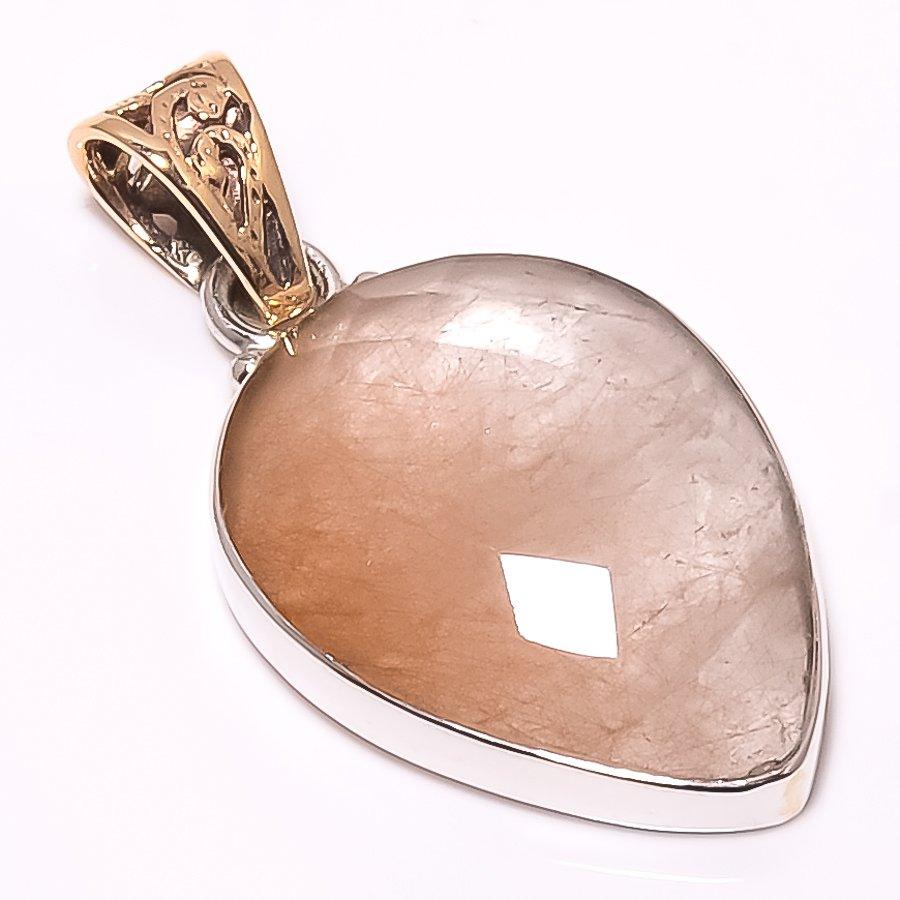 Rutil de Păr de Înger Natural Argint Sterling 925 Bijuterii Pandantiv Bicolor 1.50" J0i88