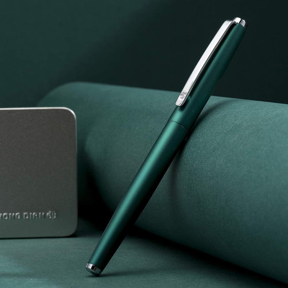 HongDian 525 Green Metal Fountain Pen, Extra Fine Nib Classic Pen, Includes Metal Pen Case and Refillable Converter