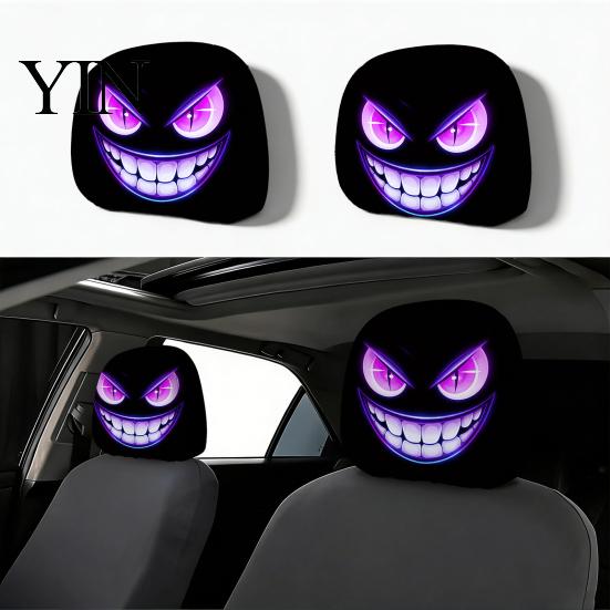 Easy Clean Seat Covers 2Pcs Spooky Car Headrest Covers, Cartoon Evil Face Auto Polyester Protectors, Elastic Protectors for Cars Trucks SUVs