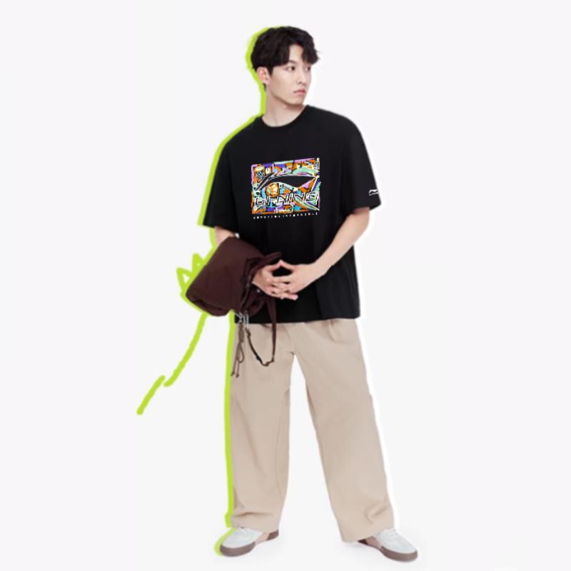 Li-Ning Fashionable Printed Breathable Sweat-Absorbing Trendy Short Sleeve T-Shirt Unisex Tops Black AHSV291-2