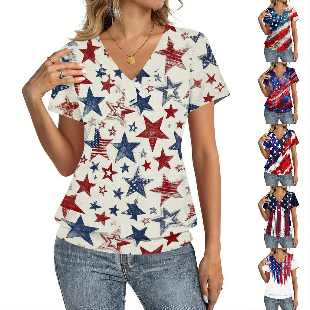 Women's Casual V Neck Short Sleeve Top Lightweight Printed T Shirt Relaxed Fit Soft Fabric Summer Tee for Everyday Wear