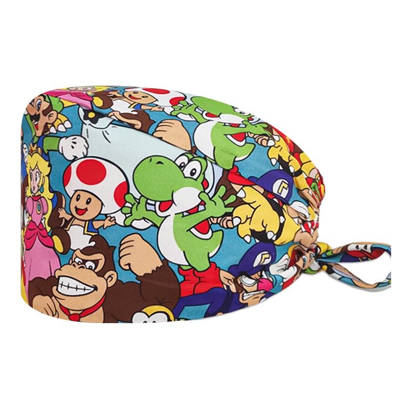 Unisex Cartoon Print Nurse Cap - Breathable, Sweat-Absorbent Surgical Cap for Pet Hospital and Medical Use.