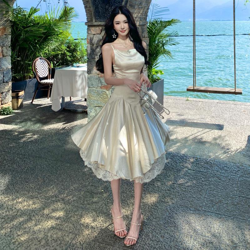 Acid acetic acid strap lace dress design spring and summer temperament medium and long dress high elegant