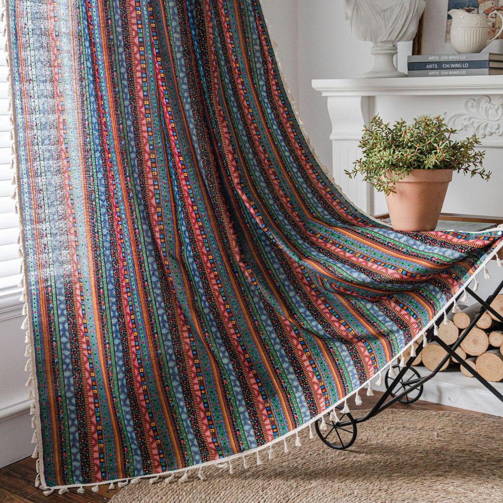 Yiman Qiyun Bohemian Striped Yellow Cotton-Linen Kitchen Curtain, Semi-Light-Blocking