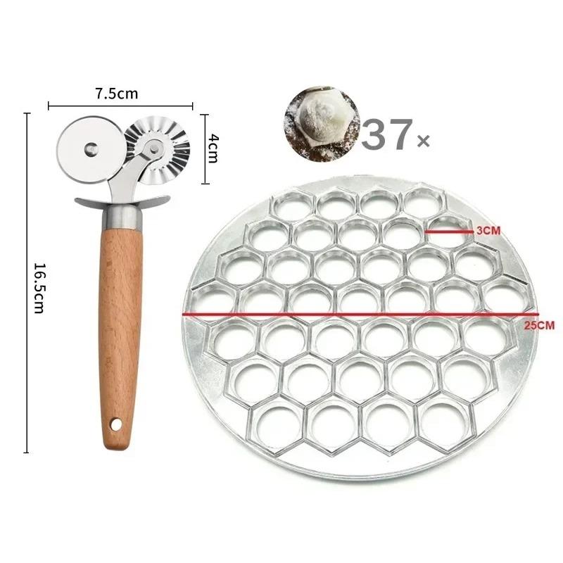 Metal Dumpling Maker 37 Hole Pastry Press with Wooden Handle Double Wheel Pasta Cutter for Ravioli Dumplings Kitchen Tool