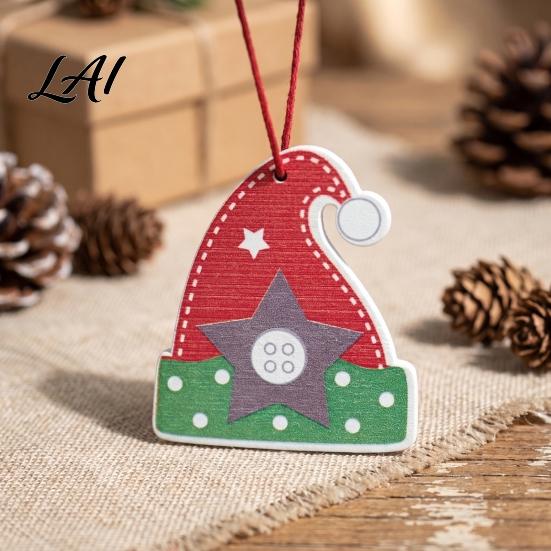 Classic Red White Decorations Christmas Tree Wooden Pendant Vintage Cartoon Ornament with Lanyards Heart Star Shaped Pendants Lightweight