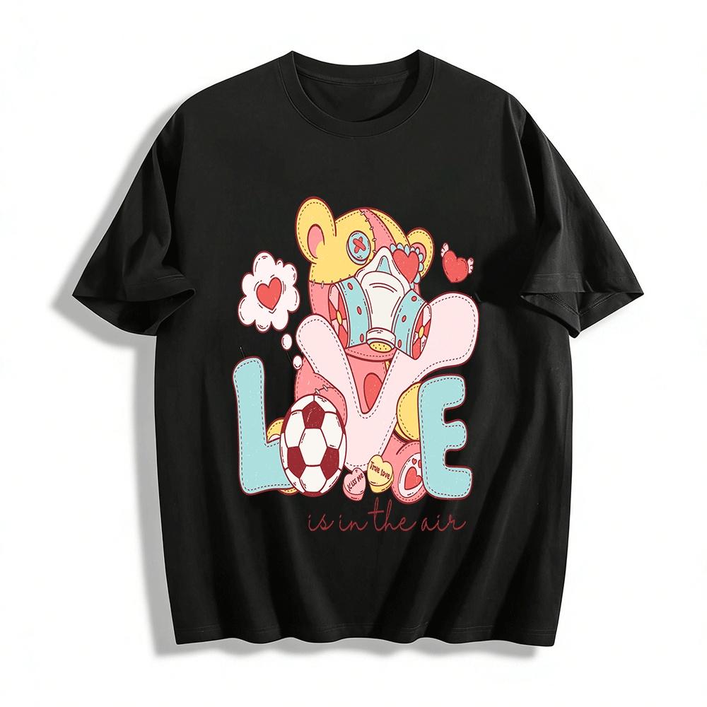 Love Is In The Air Cartoon Bear Soccer Print Couple Short Sleeve Tees Pure cotton T-shirt XXS