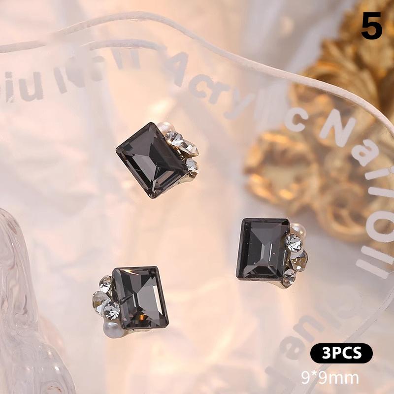 3ks transparentní černé diamantové šperky na nehty Love Square Šumivé vrtačky na nehty Perlové doplňky na nehty