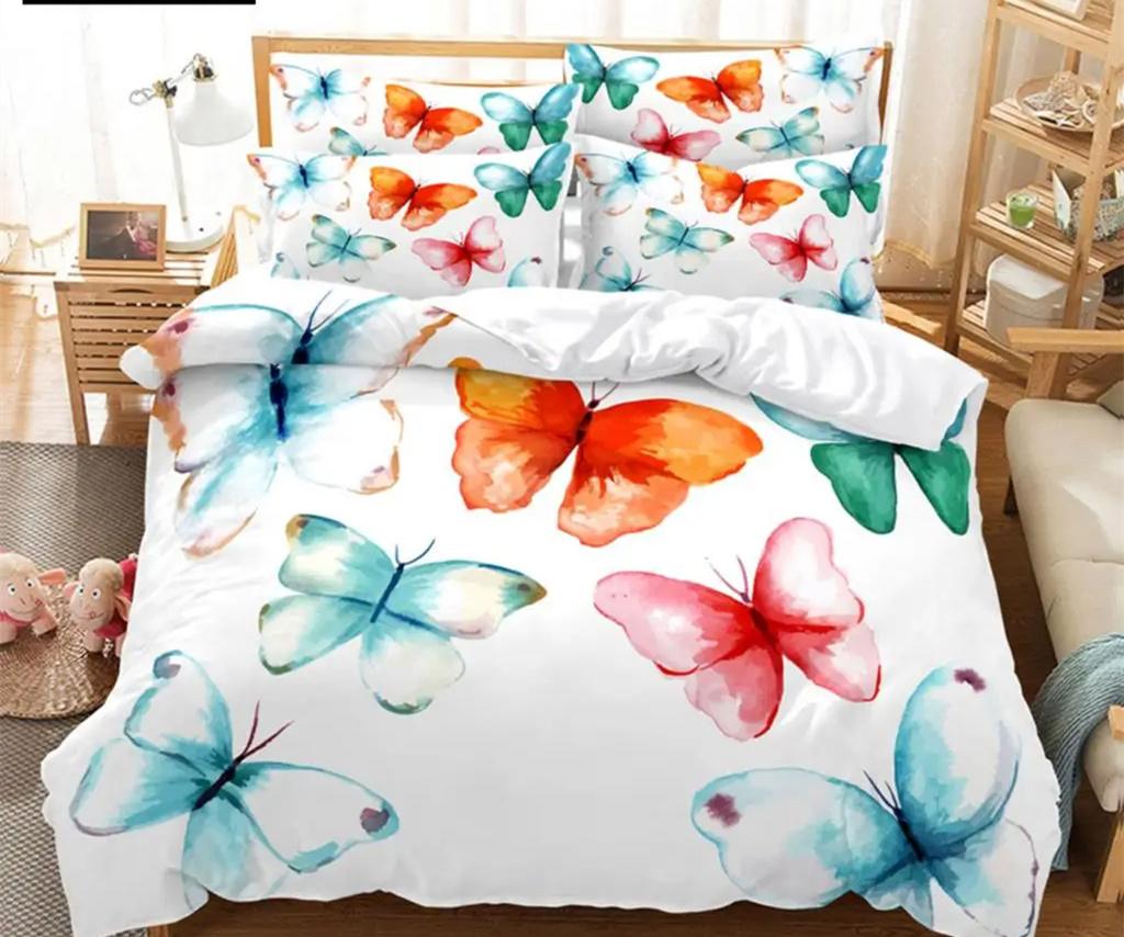 Blue Butterfly Duvet Cover Set King Queen Twin Size Double Bed Single 3D Queen Bedding Sets Pink Quilt Cover with 2 Pillowcases