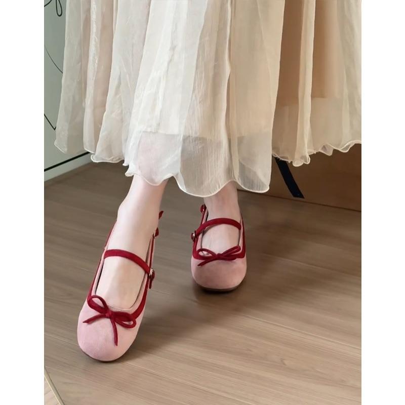 Schafsleder-Version~ Rosa Innenhöhe 5cm Ballerinas Damen Abendschuhe Mary Jane Schleife Leichte Mund Einzelne Schuhe
