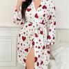 Women's Heart Printed Robe Soft Belted Kimono Bathrobe Mid Length Shower Spa Loungewear Cozy Long Sleeve Pajamas
