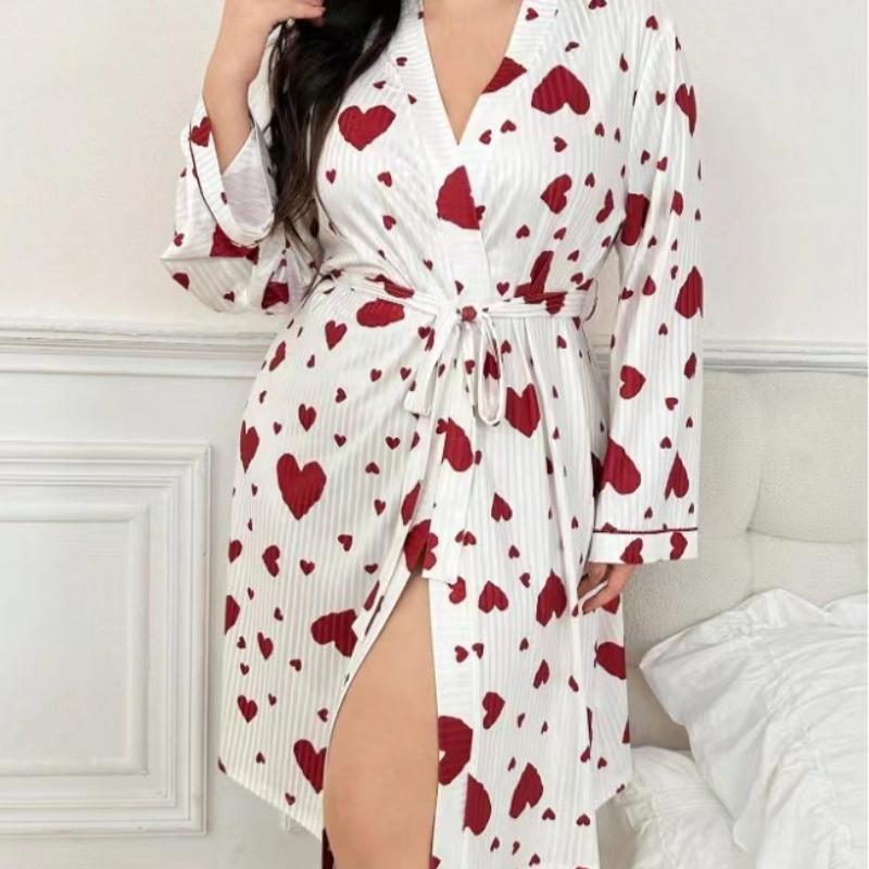 Women's Heart Printed Robe Soft Belted Kimono Bathrobe Mid Length Shower Spa Loungewear Cozy Long Sleeve Pajamas
