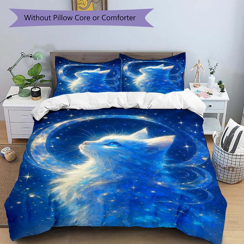 3pcs Anime Cat Moon Stars Bedding Set - Includes One Quilt Cover and Two Pillowcases (No Core) - Home Decor Gift for Bedroom and Guest Room