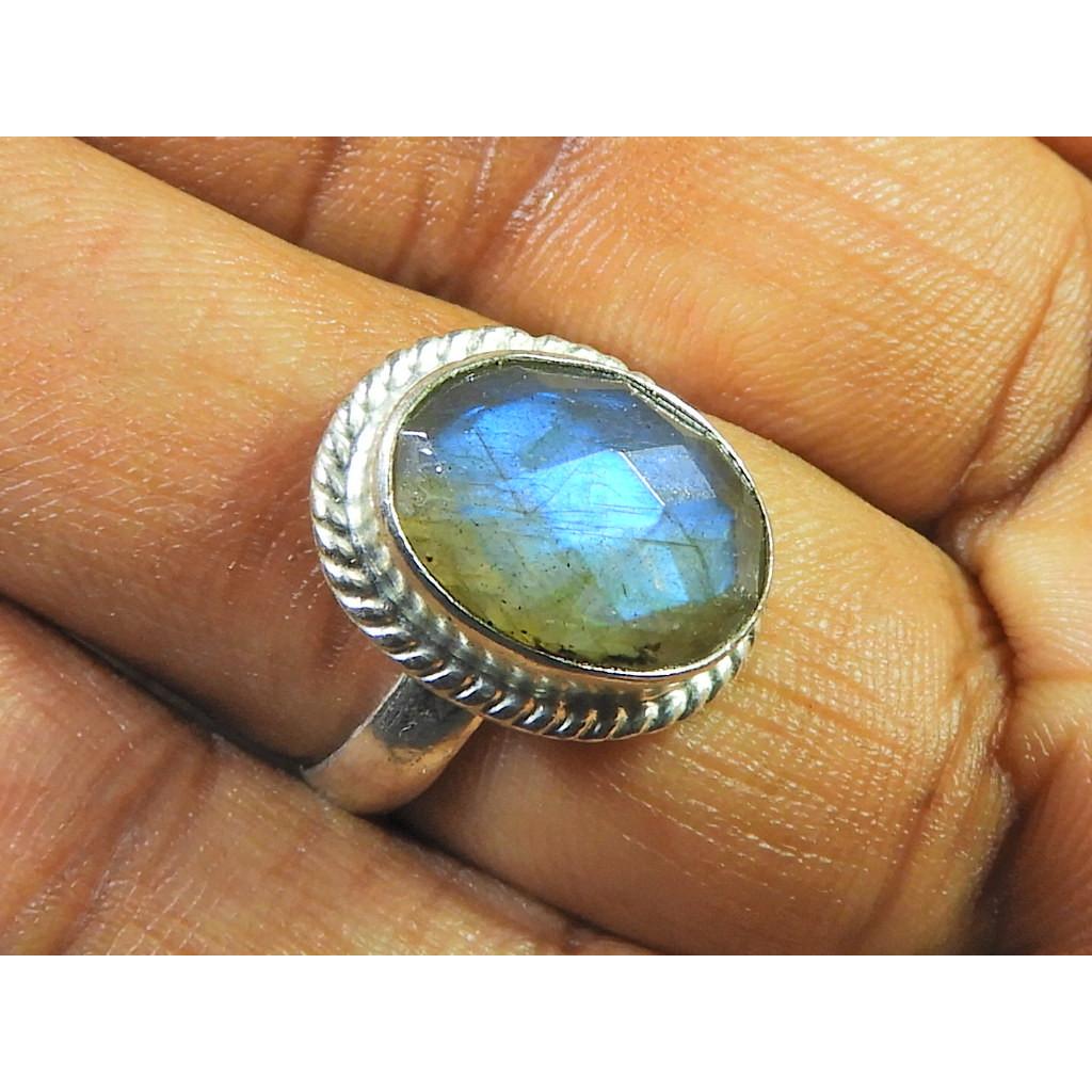 Natural Labradorite 925 Sterling Silver Oval Handmade Vintage Ring Size US-7 MK-56