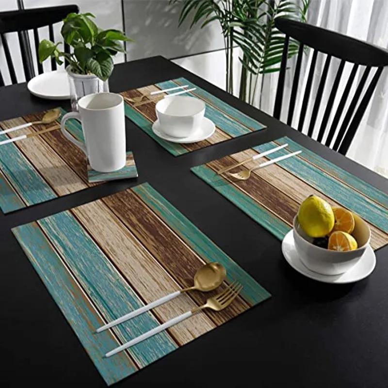 1PC Vintage Wood Print  Placemats for Dining Table Decoration Floral Fiesta Washable Mat Home Decor Holiday Supplies