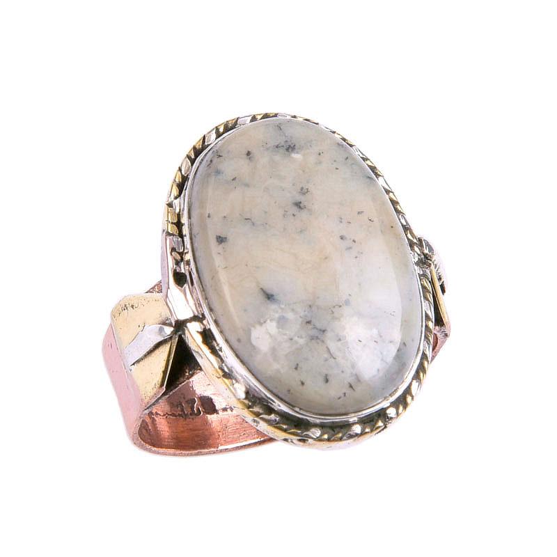 Natural Dendrite Opal Gemstone Two Tone 925 Sterling Silver Ring Size 8.5 h1Q37