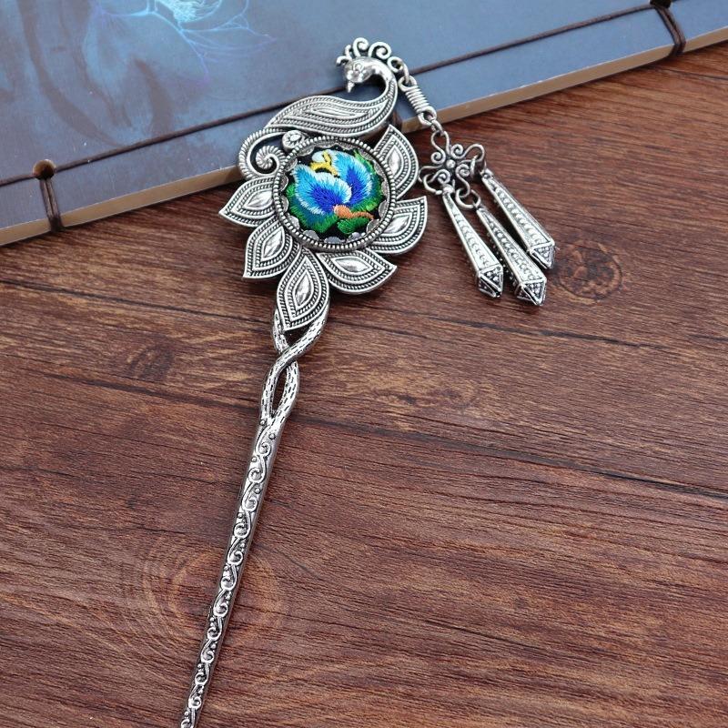 Vintage embroidery earrings hairpin classical temperament Miao peacock flower fringed earrings hair accessories set women