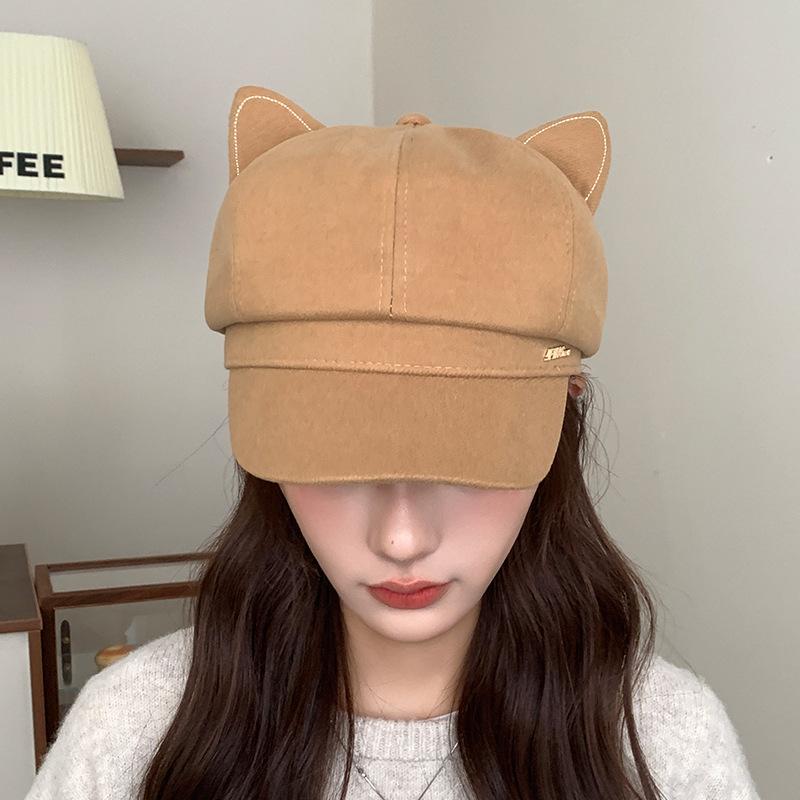 Katzenohren Buchstaben Achteckige Mütze Damen Herbst und Winter Japanische Retro Gesicht Zeigende Schiebermütze Niedliches Enten-Barett