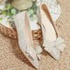 New Full Diamond Bow High Heels for Women, Thick Heels with Sequins, Bridesmaid Wedding Shoes, Pointed Shallow Mouth Pumps