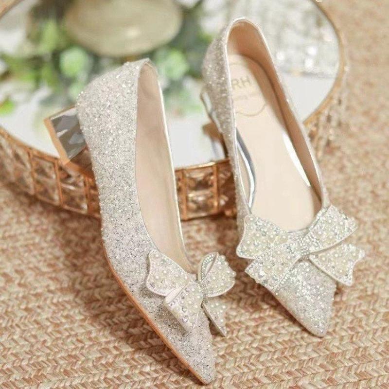 New Full Diamond Bow High Heels for Women, Thick Heels with Sequins, Bridesmaid Wedding Shoes, Pointed Shallow Mouth Pumps