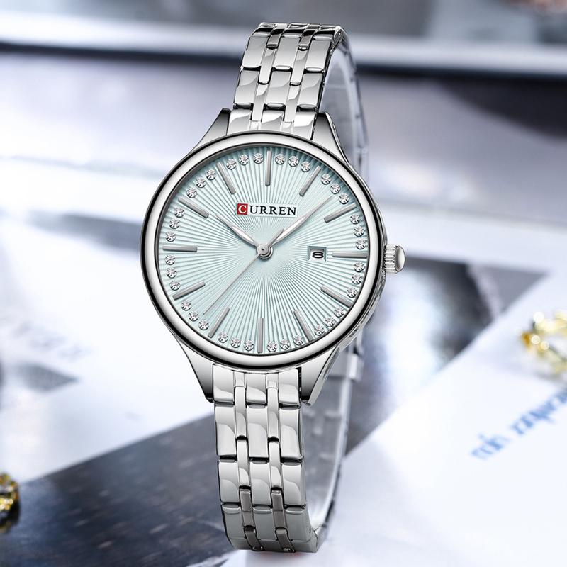 CURREN-Ladies' Luxury Rhinestone Inlaid Fashionable Business Quartz Watch Stainless Steel Simple Waterproof Luminous Calendar Watch