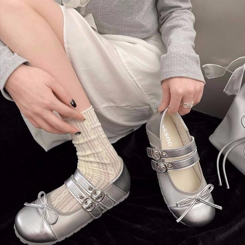 Silver Mary Jane Flat Leather Shoes Summer New Versatile Niche Design with Lolita Single Shoes
