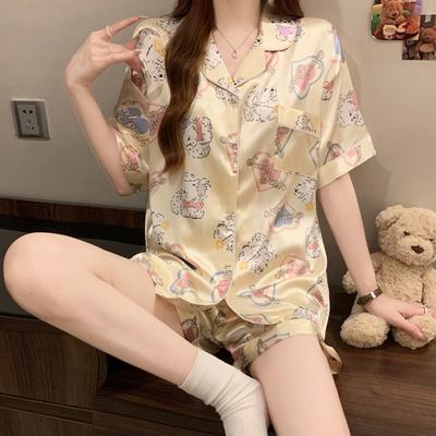 Sommer Niedlich Cartoon Welpe Eisseide Kühl Pyjama Damen Süßer Stil Kurzärmeliges Lässiges Loungewear Set