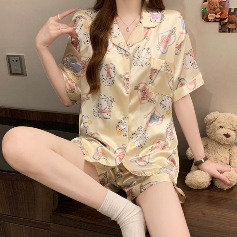 Summer Cute Cartoon Puppy Ice Silk Cool Pajamas Women'S Sweet Wind Short-Sleeved Casual Loungewear Set