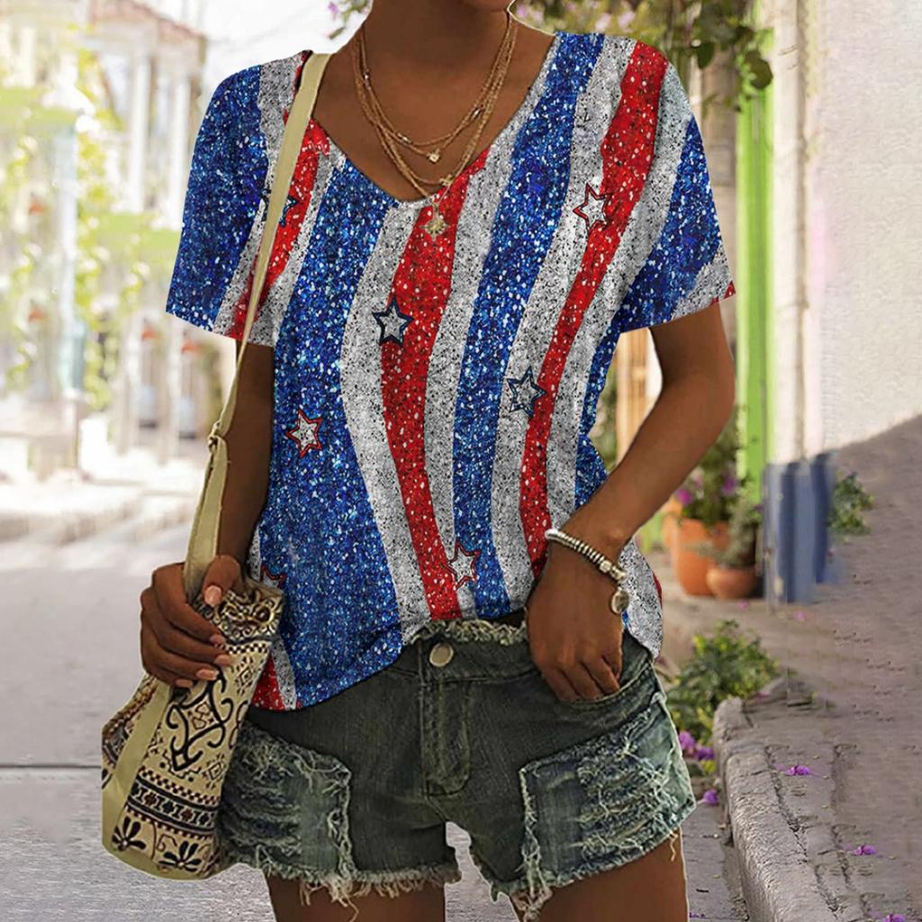 Women's T-shirt Summer Outdoor Casual V-neck Short Sleeve Tops Classic Printed Patterns Large OverSize Loose Women's Clothing