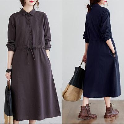 Vestido Camisa Elegante de Manga Larga con Cuello Polo Estilo Coreano de Algodón y Lino Otoño 2025