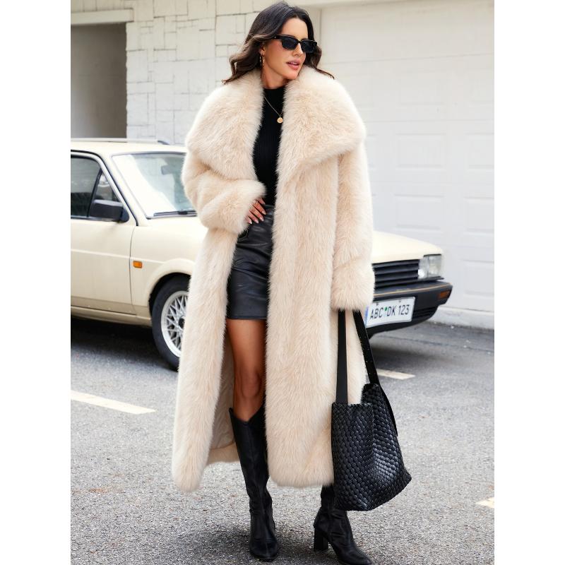 Shaggy Faux Fur Warm Maxi Overcoat for Women Luxury Lapel Open Front Fluffy Winter Parka Outwear Long Jackets Women's Long Sleeve Shawl Collar Coats