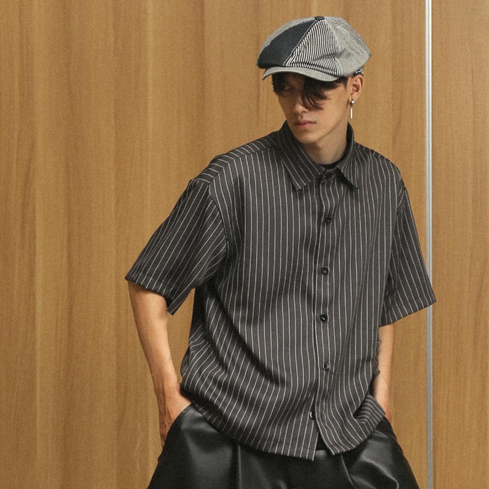 ROCKPSYCHO Crop Pinstripe Shirt - Gray