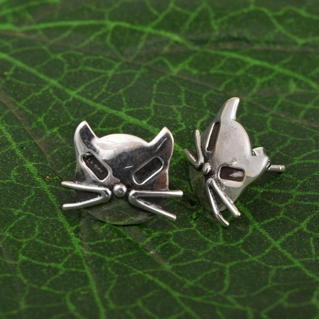 Cat Face Stud Earrings - 925 Sterling Silver