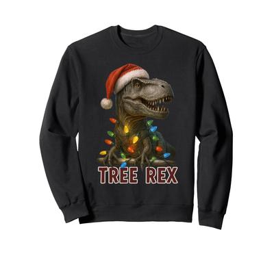 Funny Tree Rex Christmas Dinosaur Sweatshirt with Lights and Santa Hat