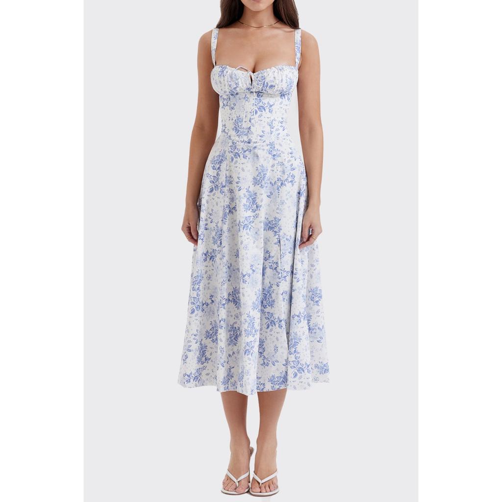Women's Square Neck Puff Short Sleeve Maxi Dress Slim Fit High Waist Elegant Floral Print Side Slit Dress