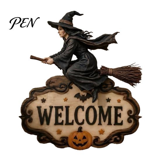 Outdoor Party Decorations Halloween Wooden Welcome Sign, Spooky Skull Frog Crow Witch Door Hanger, Hanging Plaque 2D Wall Sign for Home Decor Creative