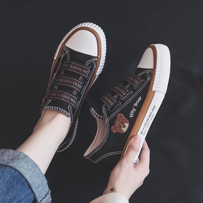 Canvas Shoes Women's New Summer Student Versatile Elastic Band Embroidered Bear Board Shoes One Pedal Lazy Shoes Women