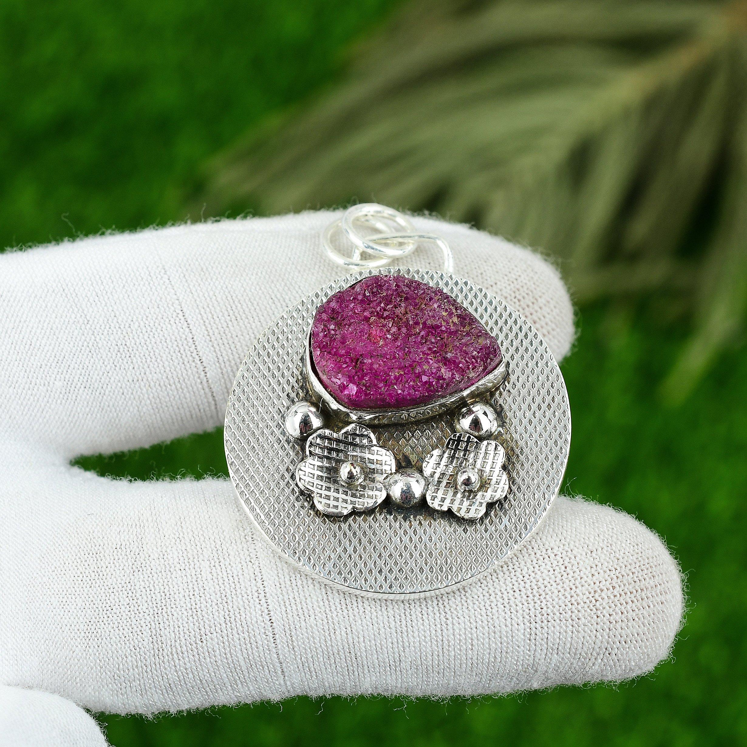 Natural Druzy Gemstone Pendant Pink Handmade 925 Sterling Silver Indian Jewelry