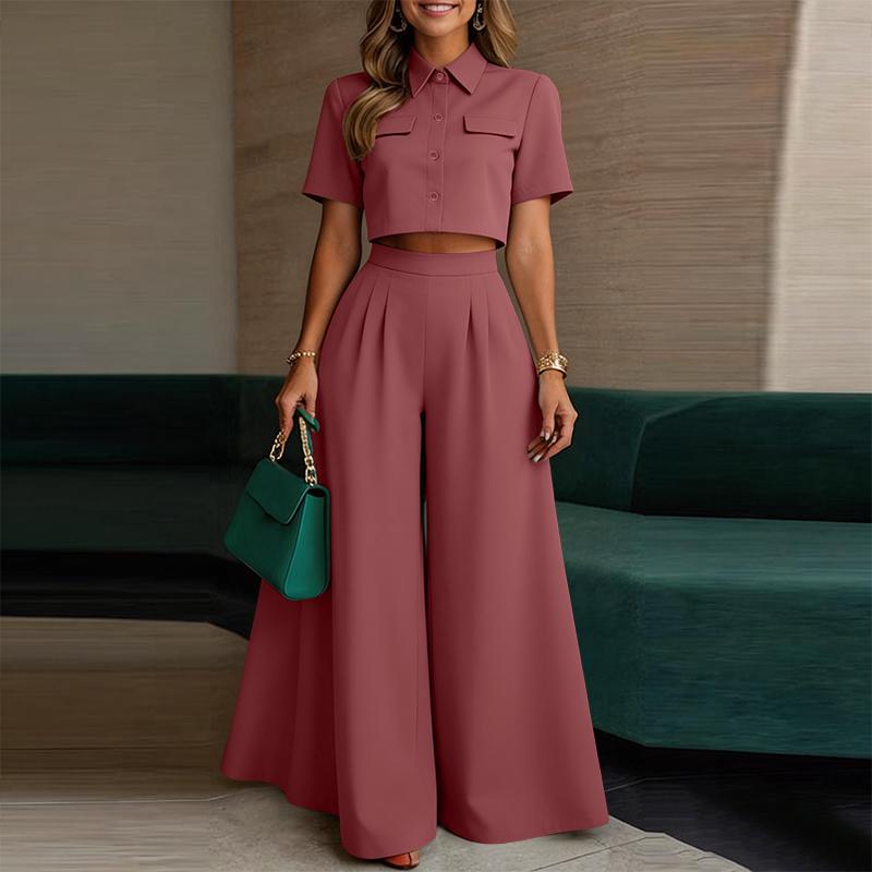 ZANZEA Women Short Sleeve Cropped Blouse and Long Pants Casual Two Piece Suit Sets