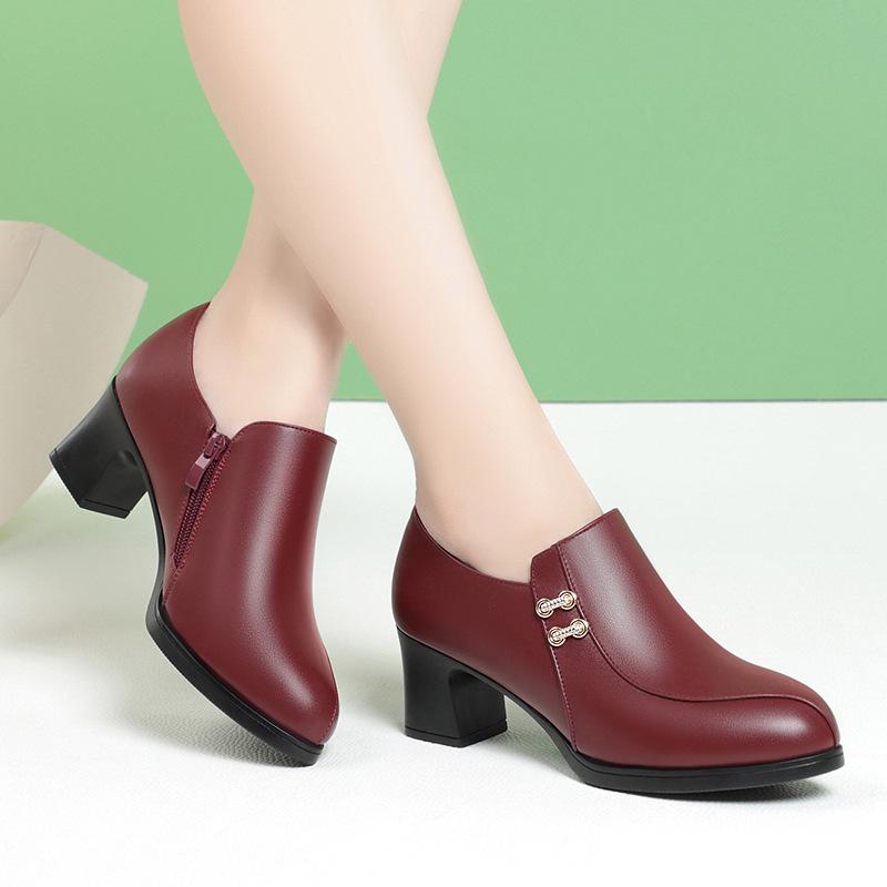 Burgundy Chunky Heel Soft Leather Shoes for Women - Spring & Autumn 2022, Comfortable for Middle-Aged & Elderly