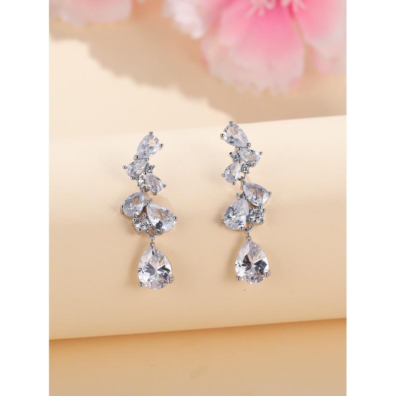 Platinum White Diamond Flower Leaf Pendant Earrings Zircon Water Drop Atmosphere