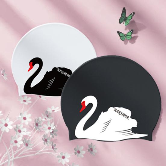 Women Swim Hat Swan Print Elastic Non-slip Ear Protection Waterproof Silicone Long Short Hair Adults Bathing Pool Swimming Hat